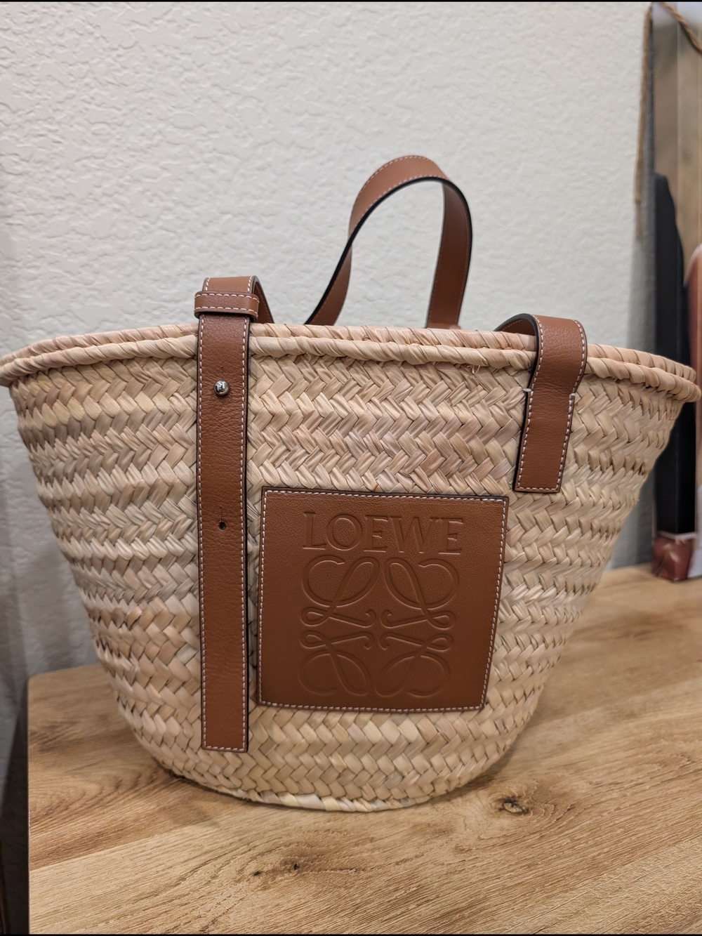 LOEWE Tan Leather-Trim Woven Straw Tote